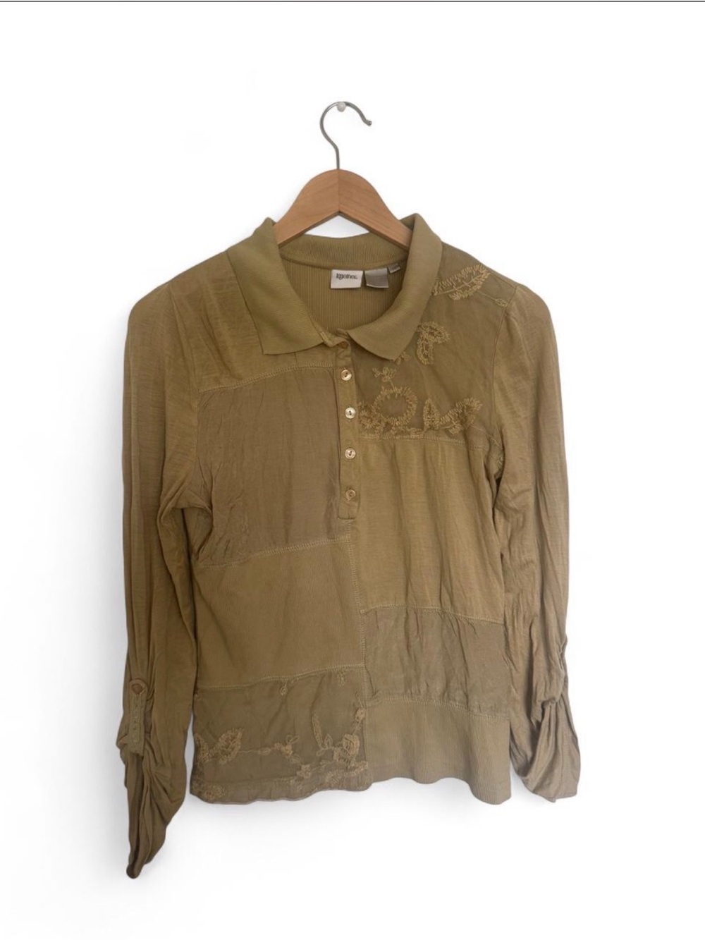 Vintage Y2K Embroidered Long Sleeve Tunic in Olive Green Polo-style Top M